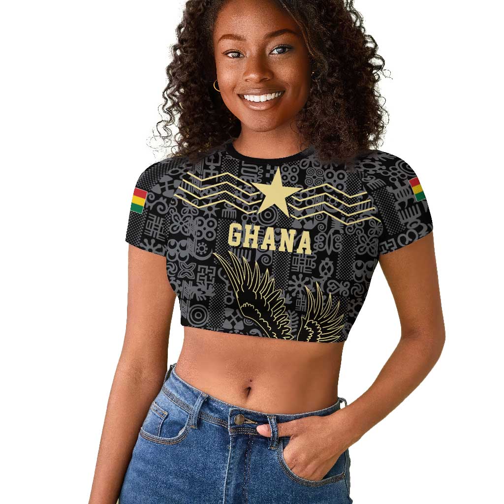 Custom World Football 2026 Ghana Raglan Cropped T shirt Black Stars Rise with Black Adinkra Pattern