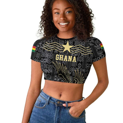 Custom World Football 2026 Ghana Raglan Cropped T shirt Black Stars Rise with Black Adinkra Pattern