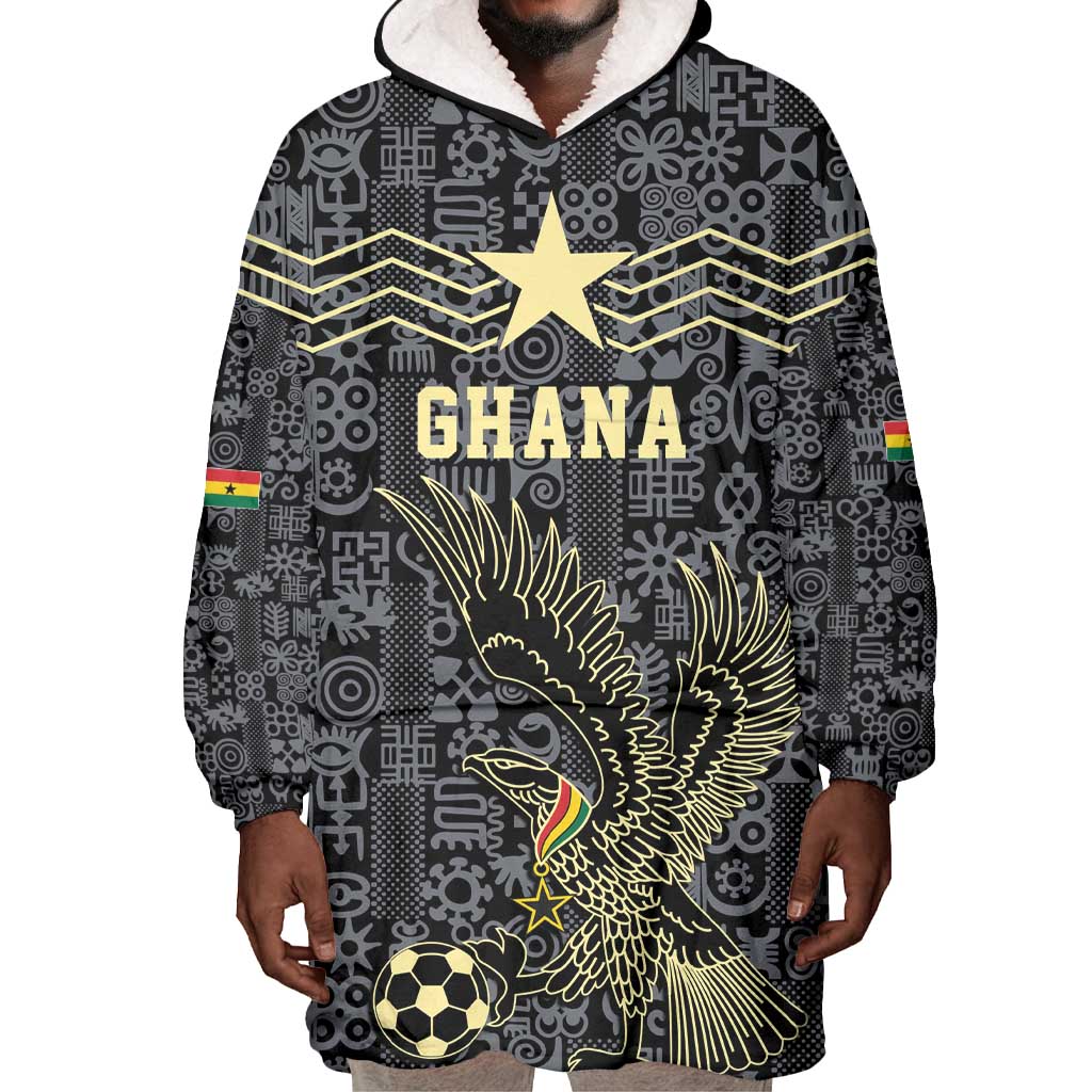 Custom World Football 2026 Ghana Wearable Blanket Hoodie Black Stars Rise with Black Adinkra Pattern