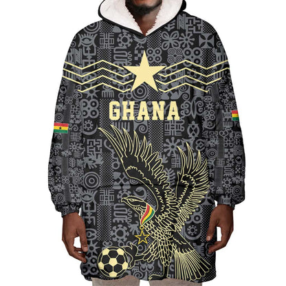 Custom World Football 2026 Ghana Wearable Blanket Hoodie Black Stars Rise with Black Adinkra Pattern