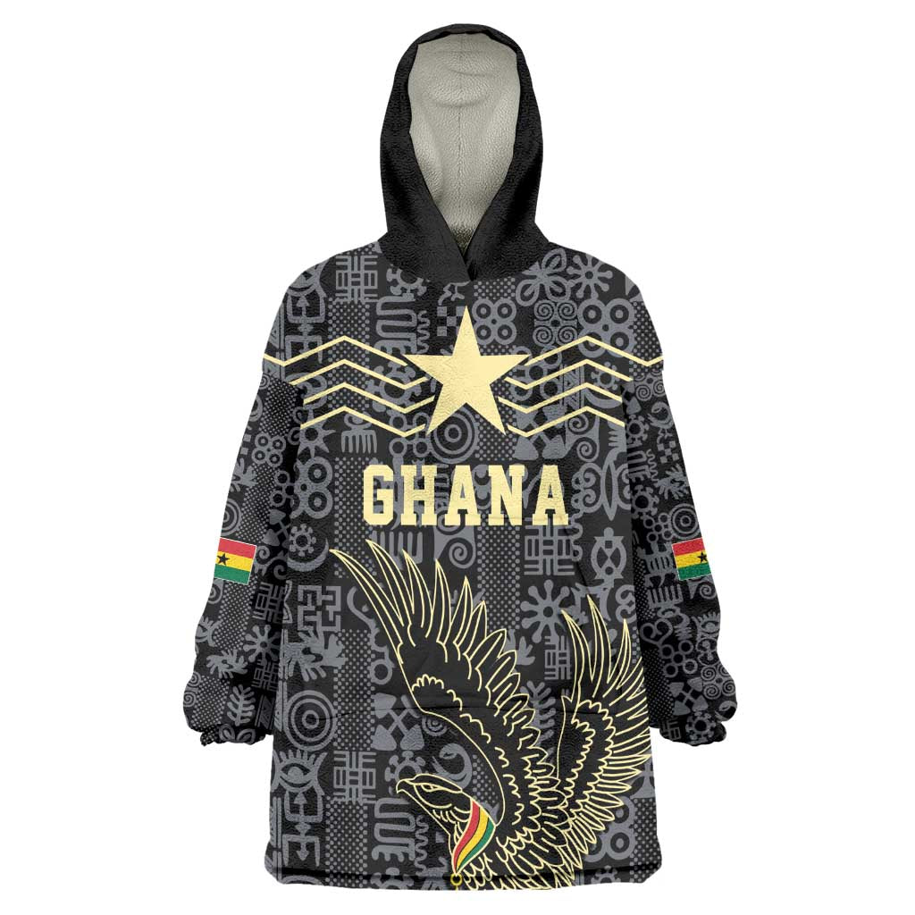 Custom World Football 2026 Ghana Wearable Blanket Hoodie Black Stars Rise with Black Adinkra Pattern