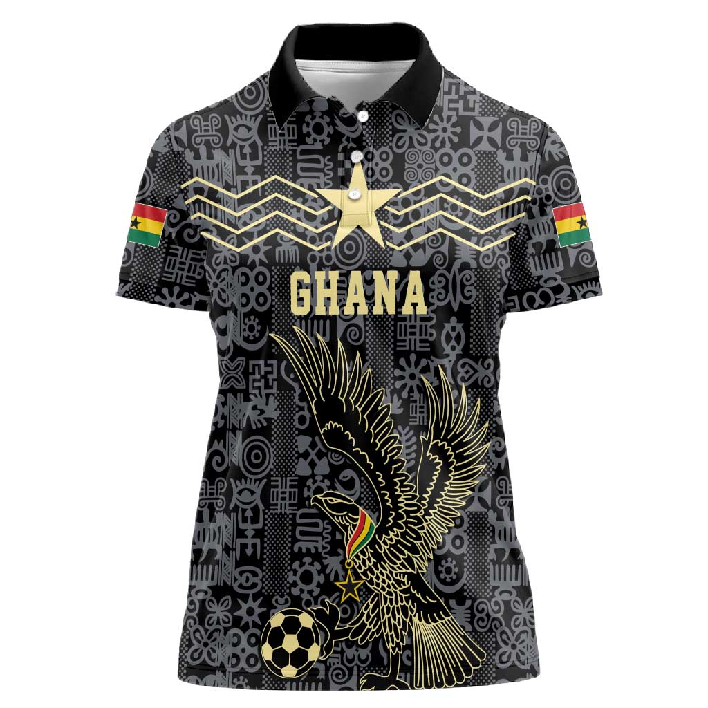 Custom World Football 2026 Ghana Women Polo Shirt Black Stars Rise with Black Adinkra Pattern