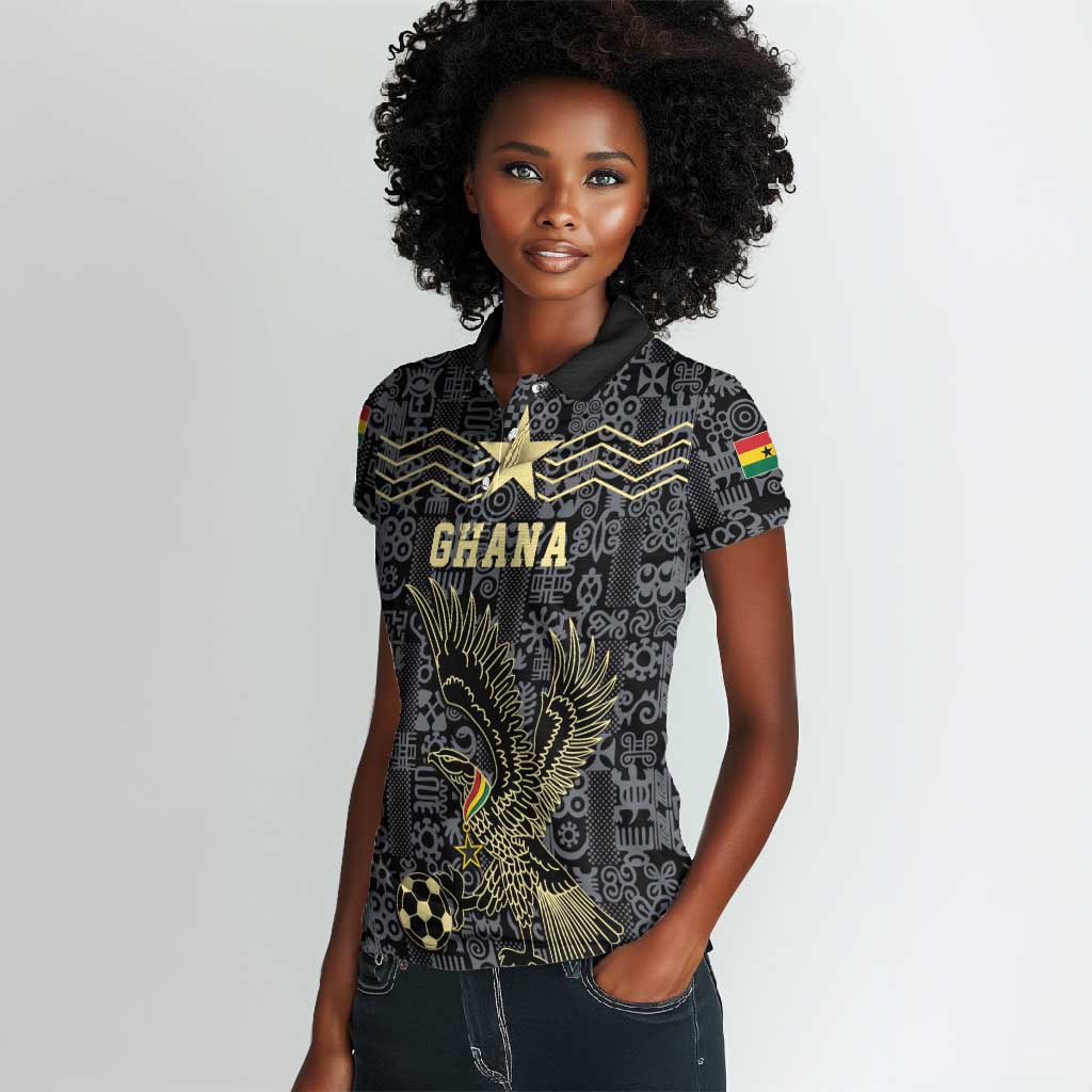 Custom World Football 2026 Ghana Women Polo Shirt Black Stars Rise with Black Adinkra Pattern
