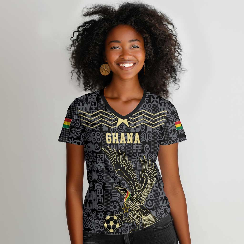 Custom World Football 2026 Ghana Women V-Neck T-Shirt Black Stars Rise with Black Adinkra Pattern