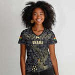 Custom World Football 2026 Ghana Women V-Neck T-Shirt Black Stars Rise with Black Adinkra Pattern