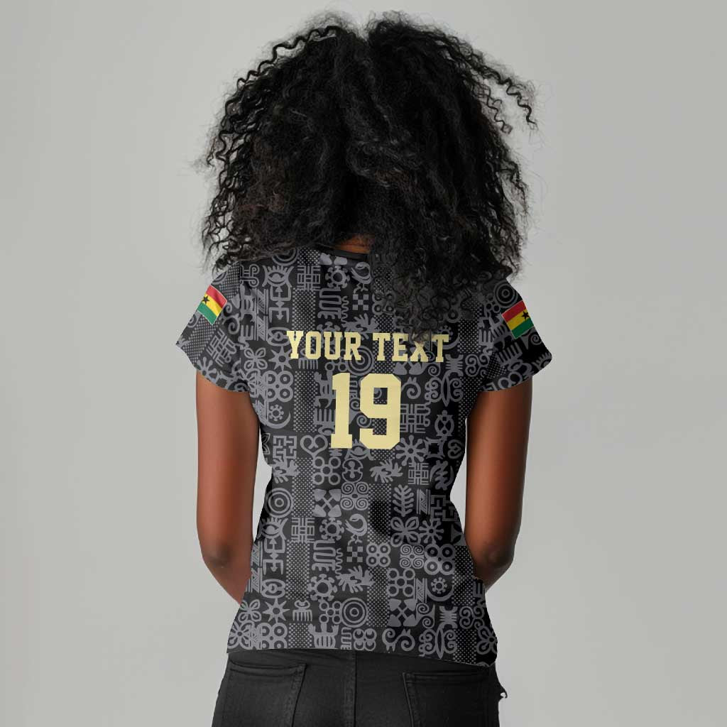Custom World Football 2026 Ghana Women V-Neck T-Shirt Black Stars Rise with Black Adinkra Pattern