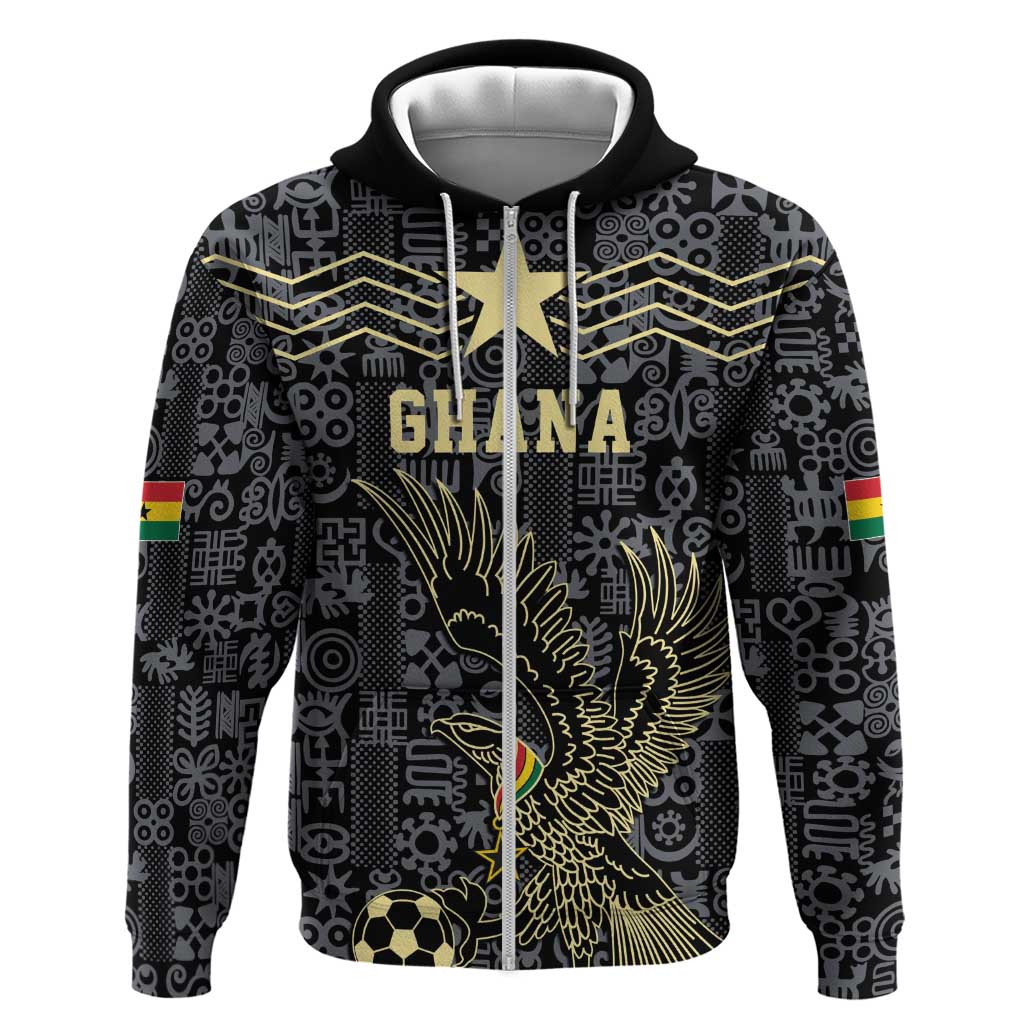 Custom World Football 2026 Ghana Zip Hoodie Black Stars Rise with Black Adinkra Pattern