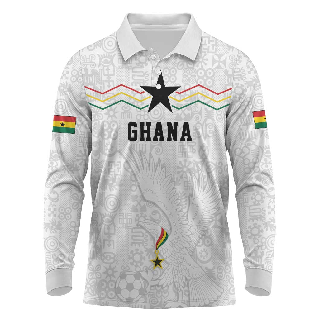 Custom World Football 2026 Ghana Long Sleeve Polo Shirt Black Stars Rise with White Adinkra Pattern
