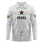 Custom World Football 2026 Ghana Long Sleeve Polo Shirt Black Stars Rise with White Adinkra Pattern