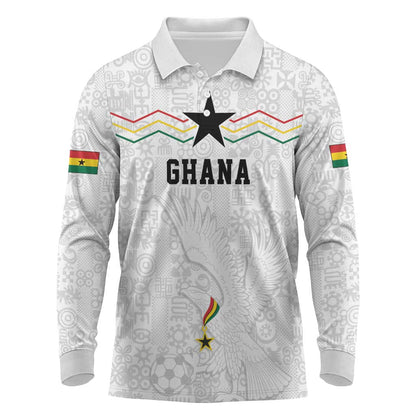 Custom World Football 2026 Ghana Long Sleeve Polo Shirt Black Stars Rise with White Adinkra Pattern