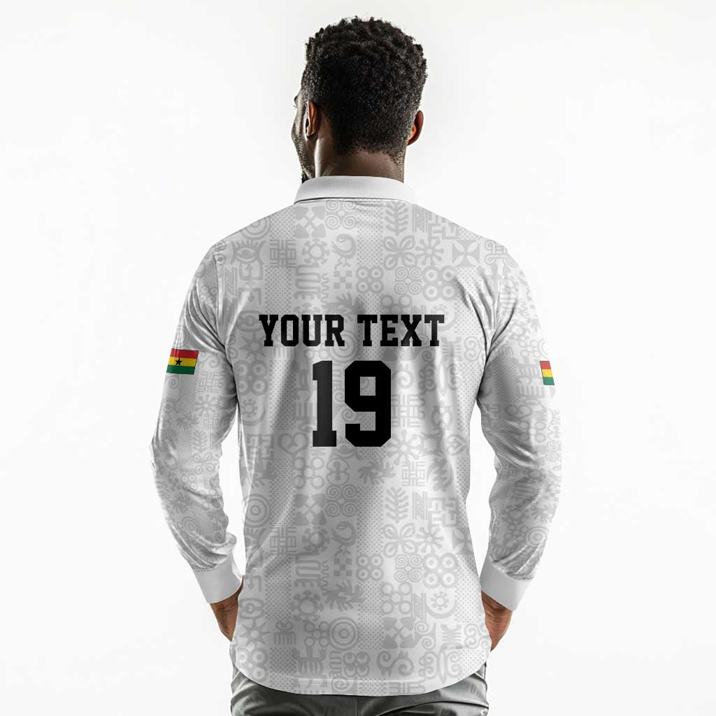 Custom World Football 2026 Ghana Long Sleeve Polo Shirt Black Stars Rise with White Adinkra Pattern