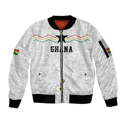 Custom World Football 2026 Ghana Sleeve Zip Bomber Jacket Black Stars Rise with White Adinkra Pattern