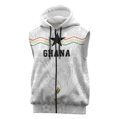 Custom World Football 2026 Ghana Sleeveless Zip Hoodie Black Stars Rise with White Adinkra Pattern