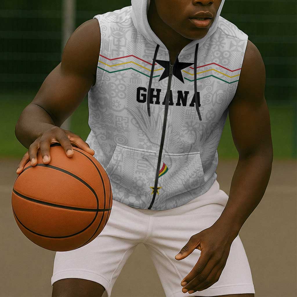 Custom World Football 2026 Ghana Sleeveless Zip Hoodie Black Stars Rise with White Adinkra Pattern