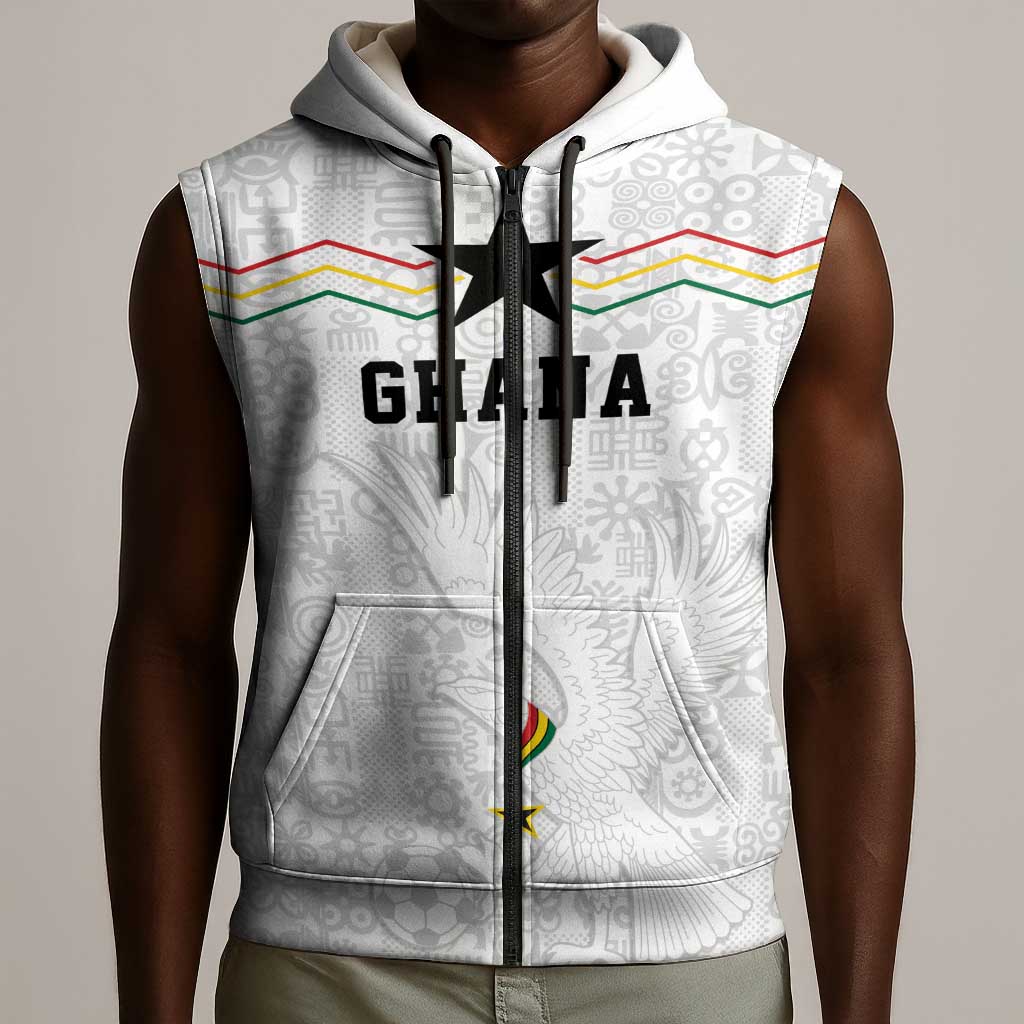 Custom World Football 2026 Ghana Sleeveless Zip Hoodie Black Stars Rise with White Adinkra Pattern