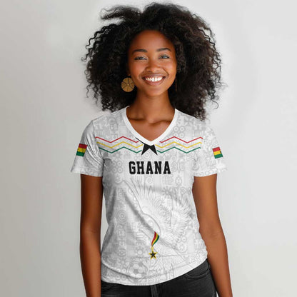 Custom World Football 2026 Ghana Women V-Neck T-Shirt Black Stars Rise with White Adinkra Pattern