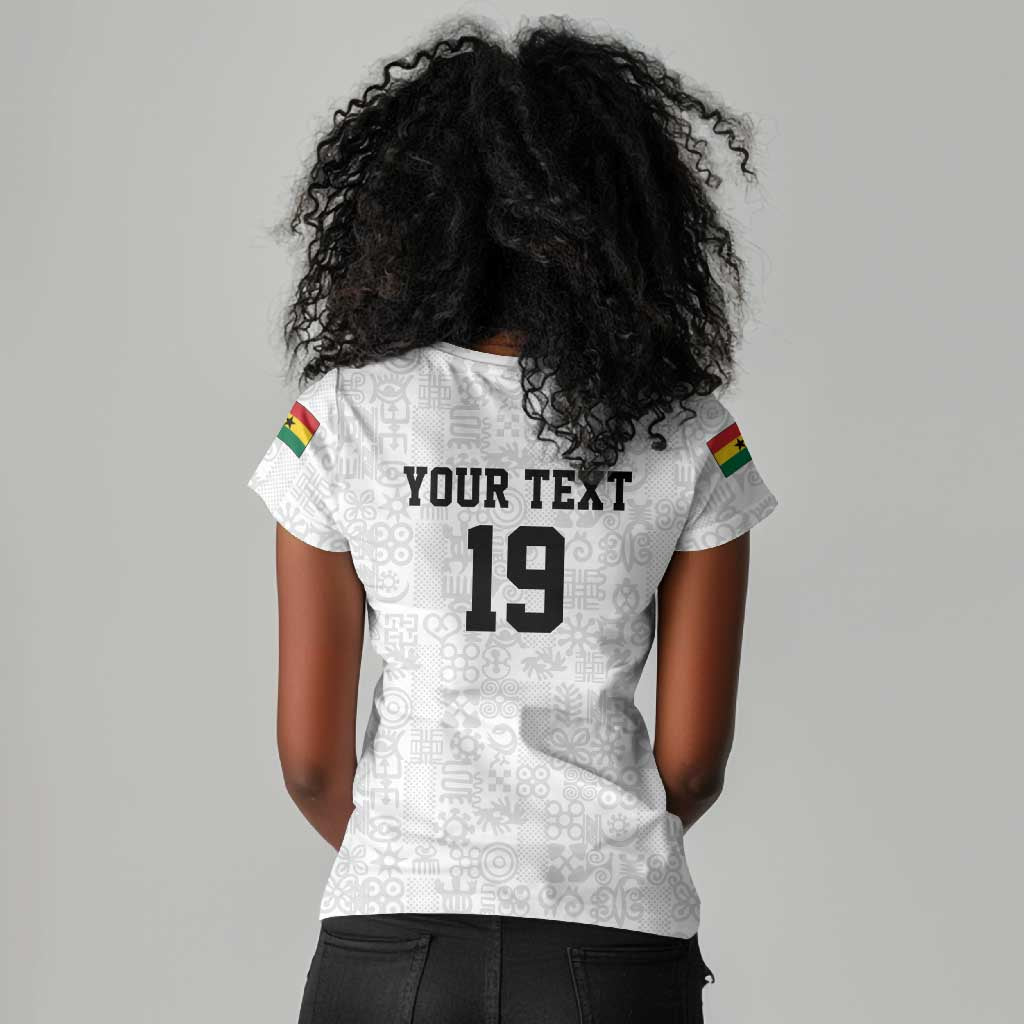 Custom World Football 2026 Ghana Women V-Neck T-Shirt Black Stars Rise with White Adinkra Pattern