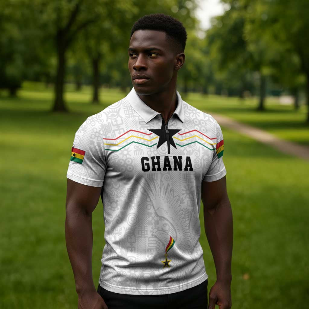 Custom World Football 2026 Ghana Zipper Polo Shirt Black Stars Rise with White Adinkra Pattern
