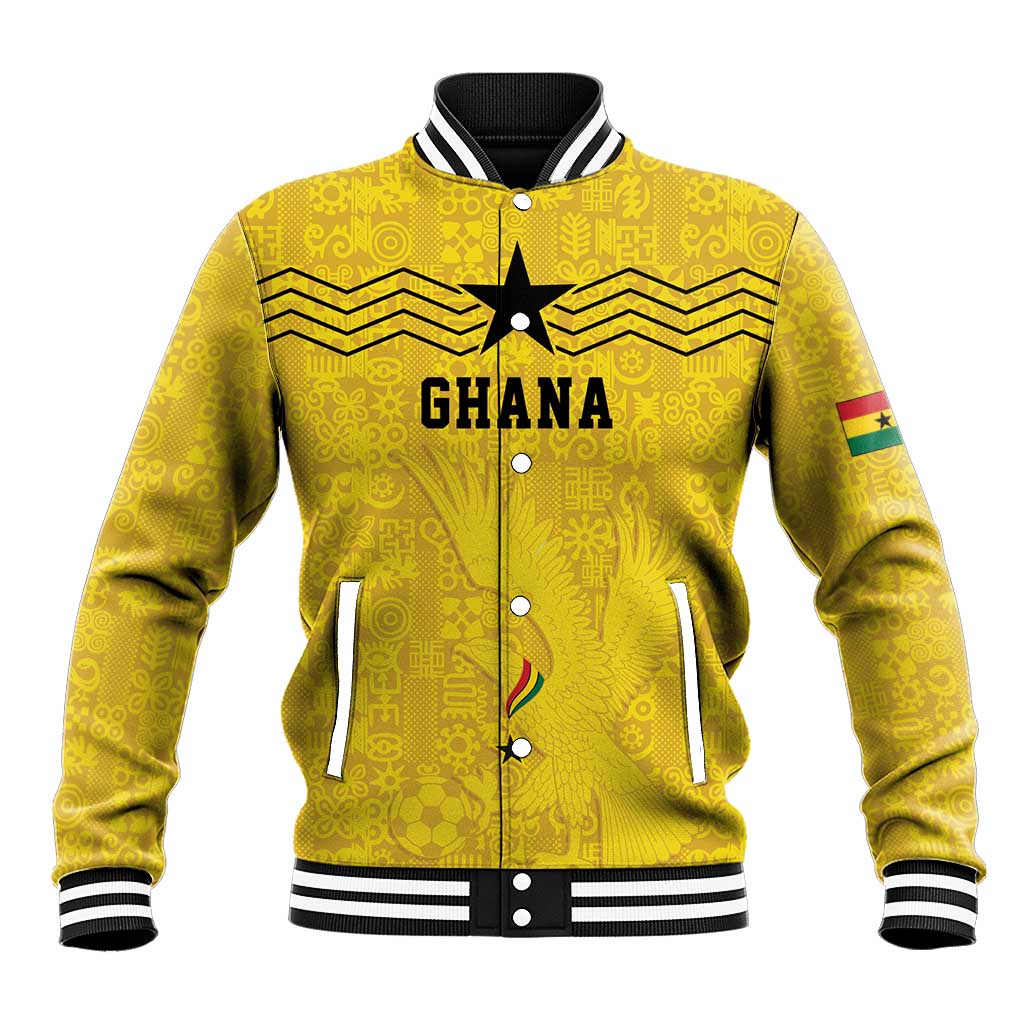 Custom World Football 2026 Ghana Baseball Jacket Black Stars Rise with Yellow Adinkra Pattern
