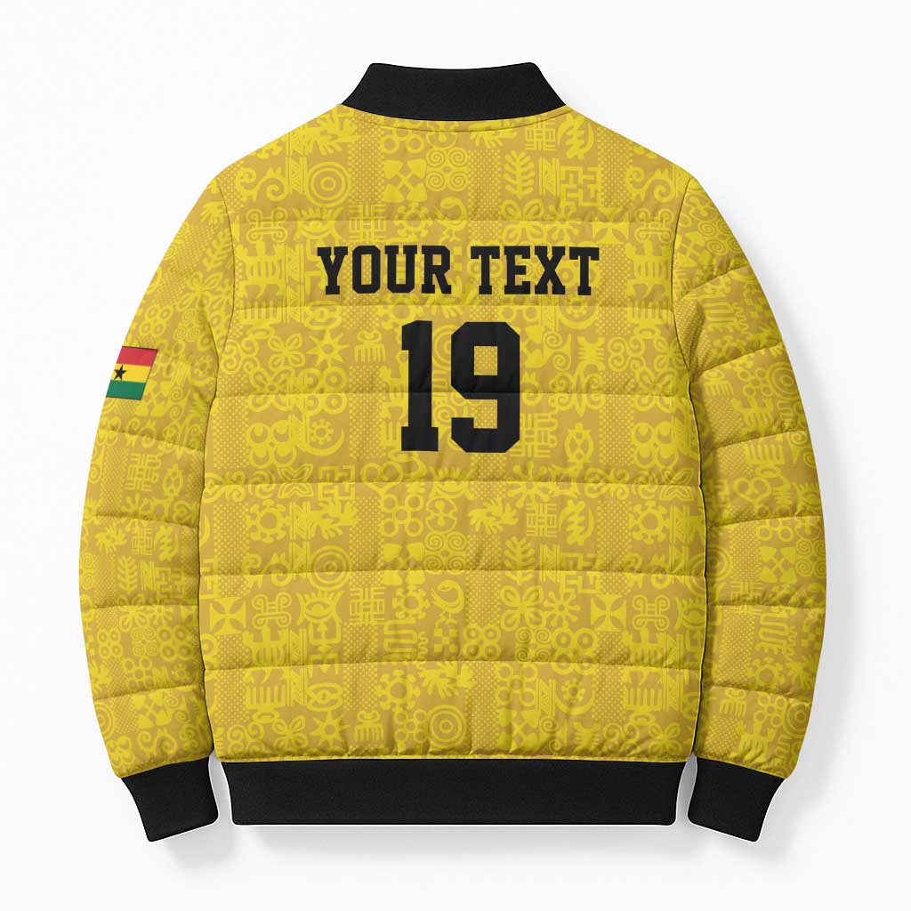 Custom World Football 2026 Ghana Bomber Puffer Jacket Black Stars Rise with Yellow Adinkra Pattern