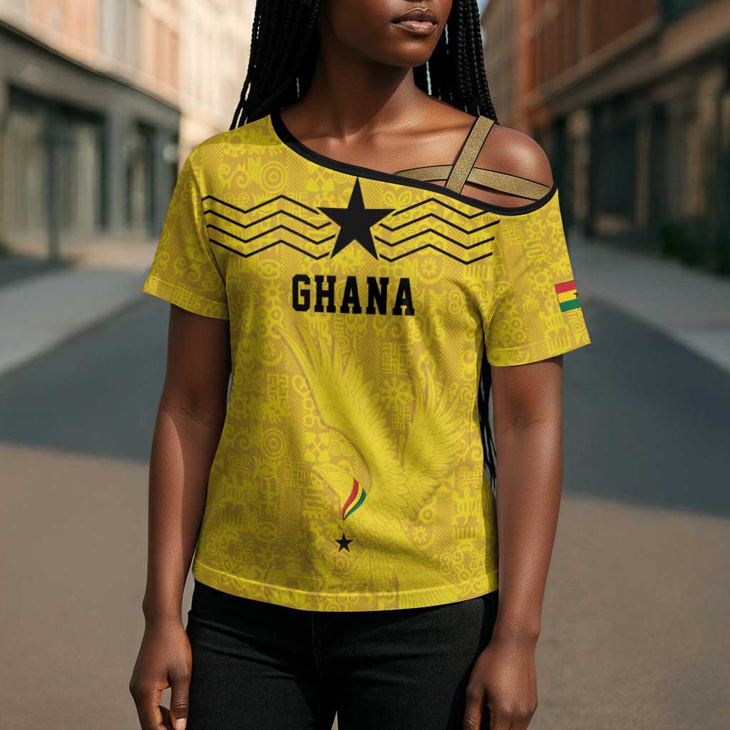 Custom World Football 2026 Ghana Cross Shoulder Shirt Black Stars Rise with Yellow Adinkra Pattern