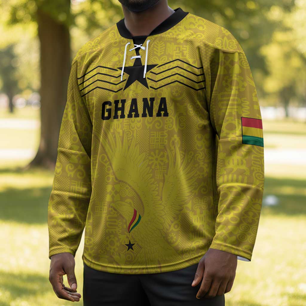 Custom World Football 2026 Ghana Hockey Jersey Black Stars Rise with Yellow Adinkra Pattern
