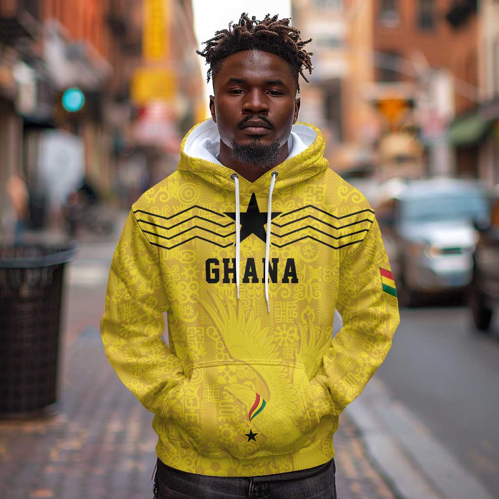 Custom World Football 2026 Ghana Hoodie Black Stars Rise with Yellow Adinkra Pattern