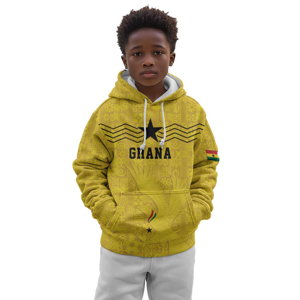 Custom World Football 2026 Ghana Kid Hoodie Black Stars Rise with Yellow Adinkra Pattern