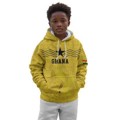 Custom World Football 2026 Ghana Kid Hoodie Black Stars Rise with Yellow Adinkra Pattern