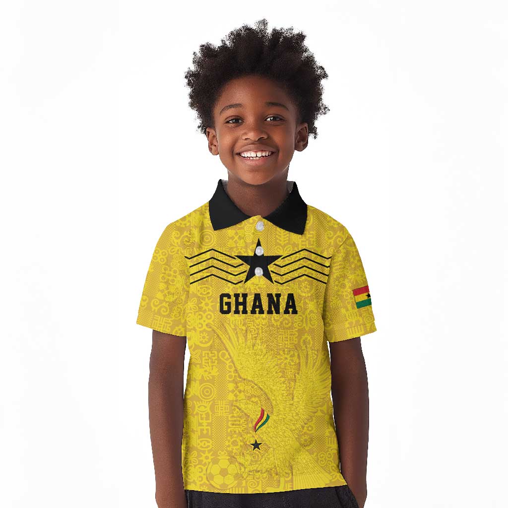Custom World Football 2026 Ghana Kid Polo Shirt Black Stars Rise with Yellow Adinkra Pattern