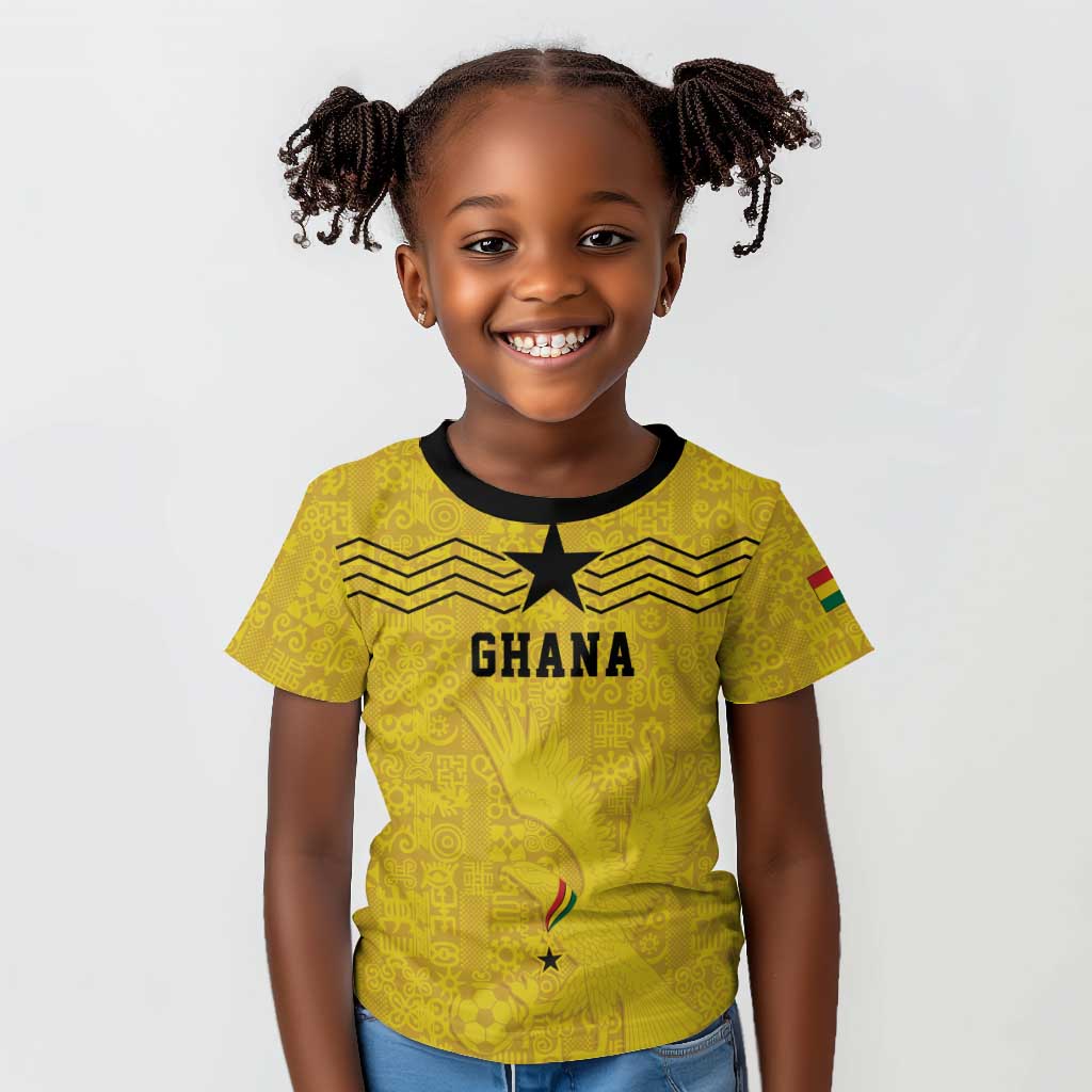 Custom World Football 2026 Ghana Kid T shirt Black Stars Rise with Yellow Adinkra Pattern