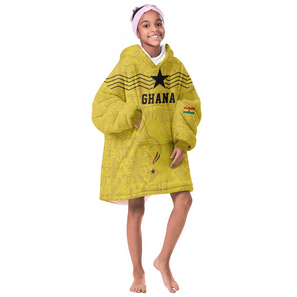 Custom World Football 2026 Ghana Kid Wearable Blanket Hoodie Black Stars Rise with Yellow Adinkra Pattern
