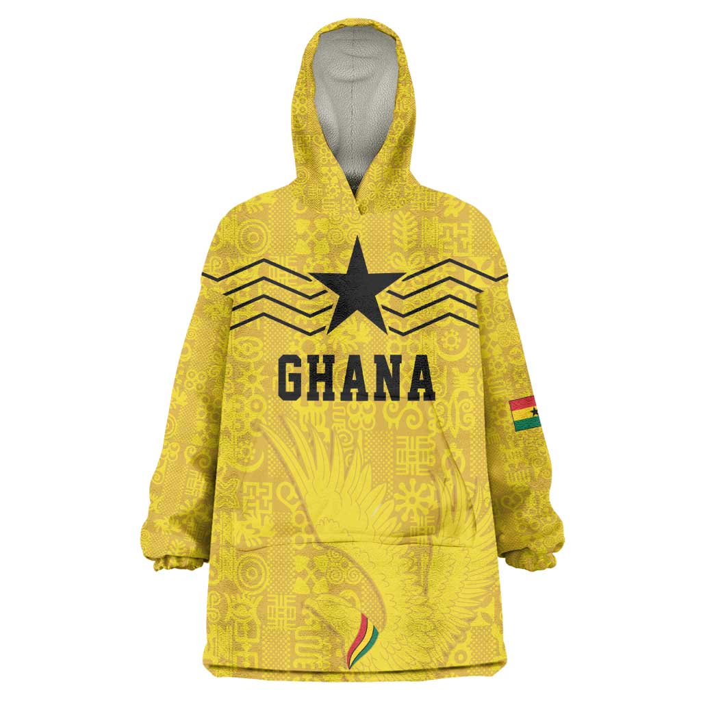 Custom World Football 2026 Ghana Kid Wearable Blanket Hoodie Black Stars Rise with Yellow Adinkra Pattern