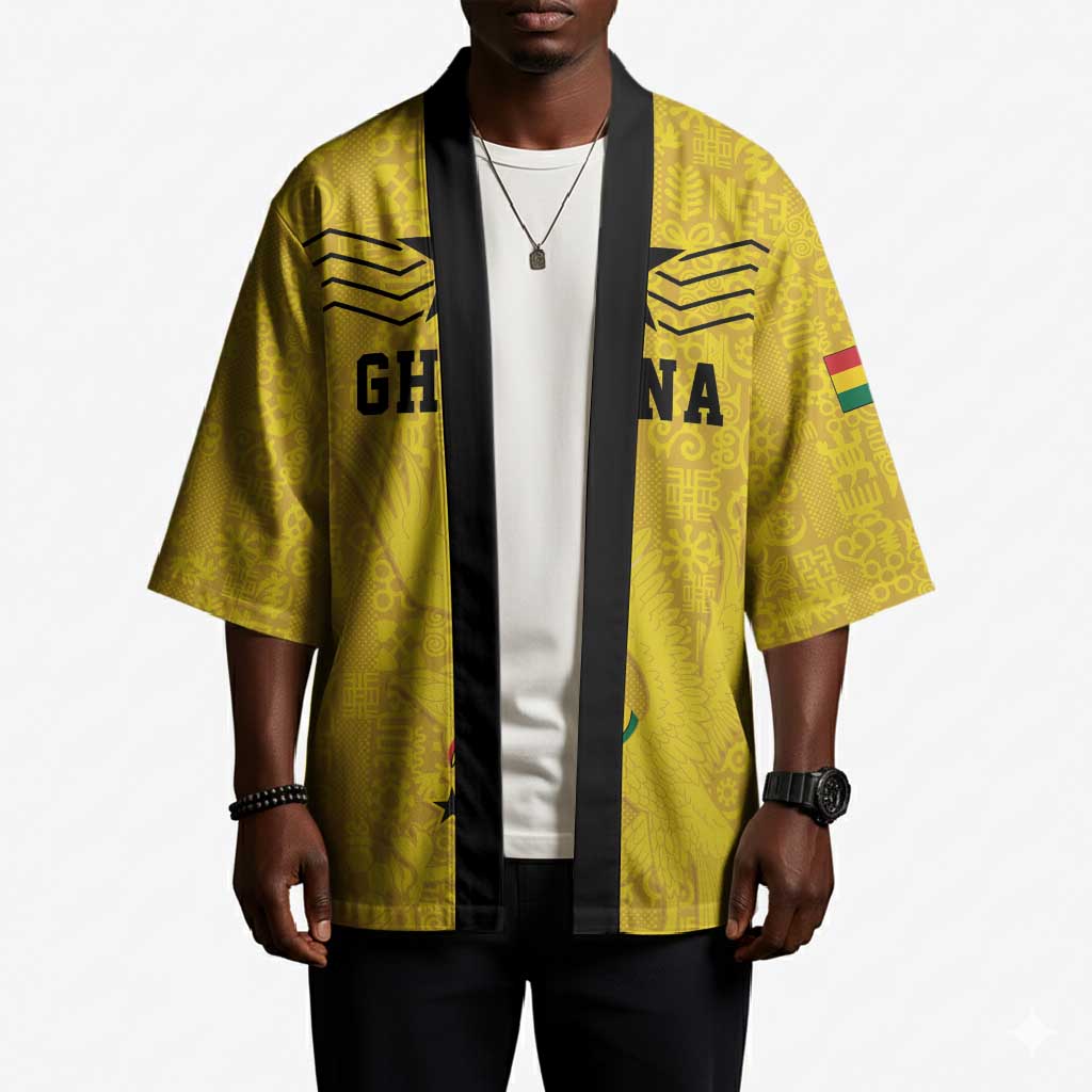 Custom World Football 2026 Ghana Kimono Black Stars Rise with Yellow Adinkra Pattern