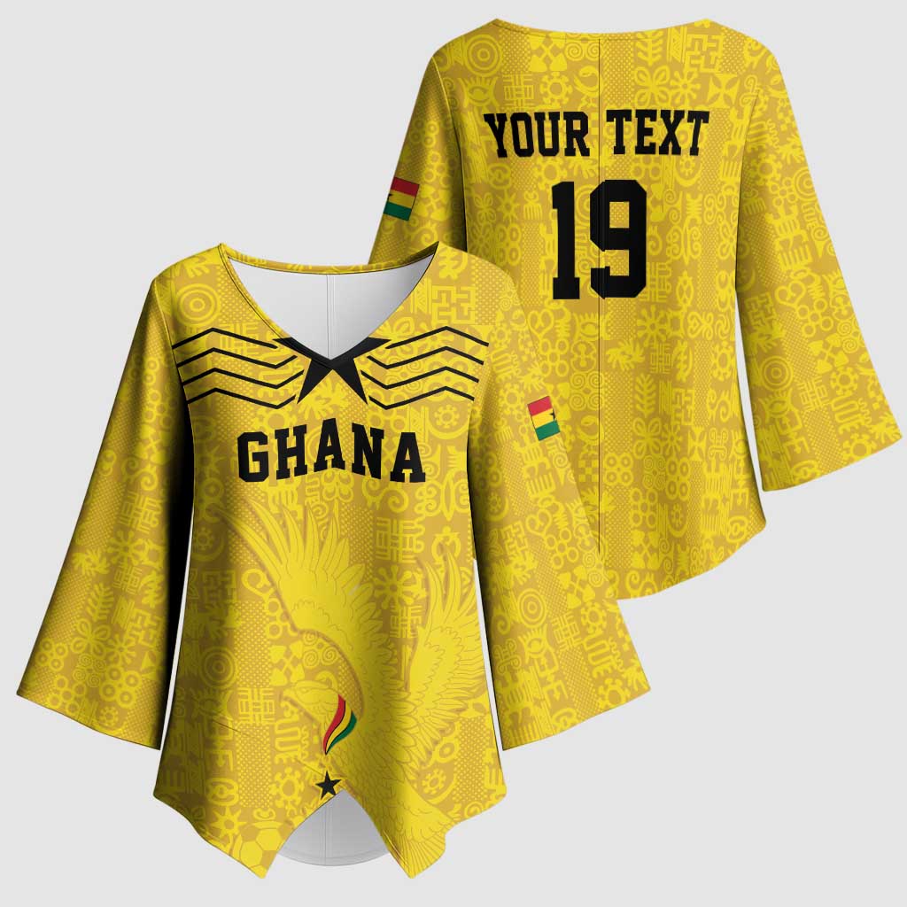Custom World Football 2026 Ghana Kimono Sleeve Blouse Black Stars Rise with Yellow Adinkra Pattern