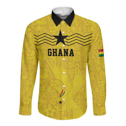 Custom World Football 2026 Ghana Long Sleeve Button Shirt Black Stars Rise with Yellow Adinkra Pattern