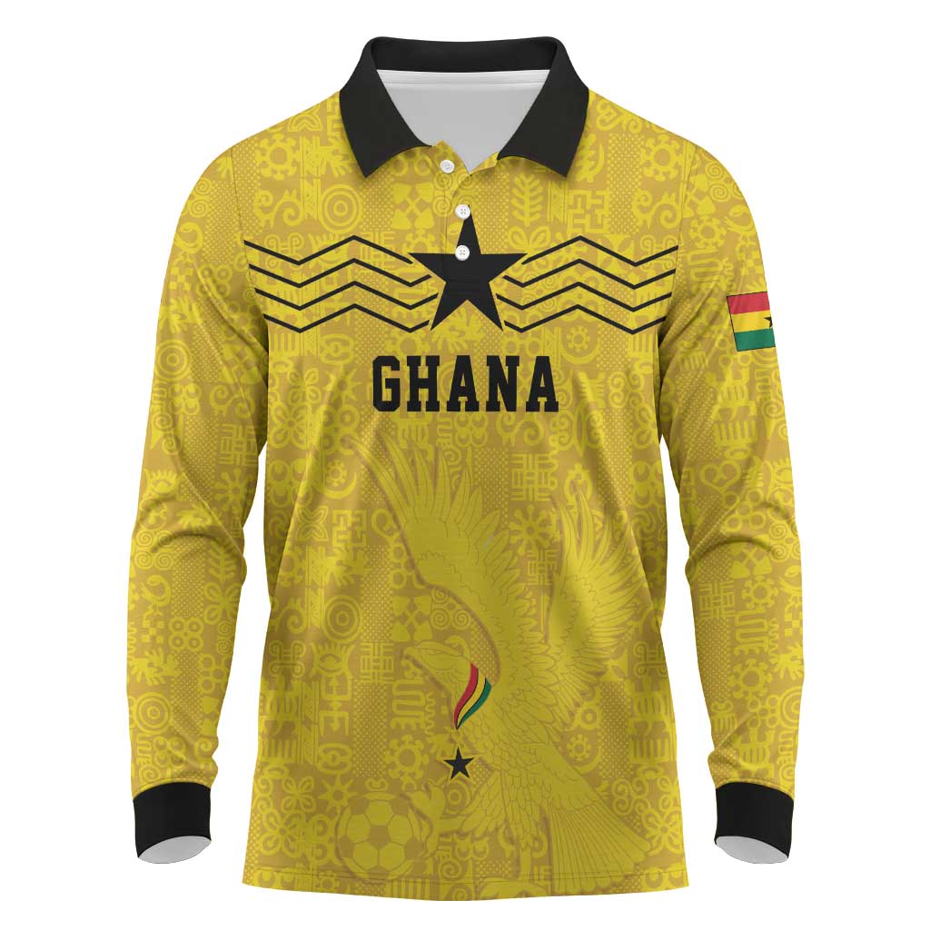 Custom World Football 2026 Ghana Long Sleeve Polo Shirt Black Stars Rise with Yellow Adinkra Pattern