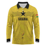 Custom World Football 2026 Ghana Long Sleeve Polo Shirt Black Stars Rise with Yellow Adinkra Pattern