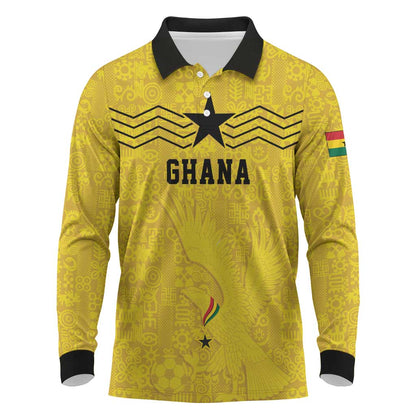 Custom World Football 2026 Ghana Long Sleeve Polo Shirt Black Stars Rise with Yellow Adinkra Pattern