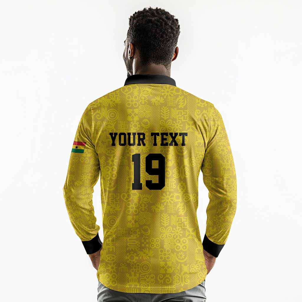 Custom World Football 2026 Ghana Long Sleeve Polo Shirt Black Stars Rise with Yellow Adinkra Pattern