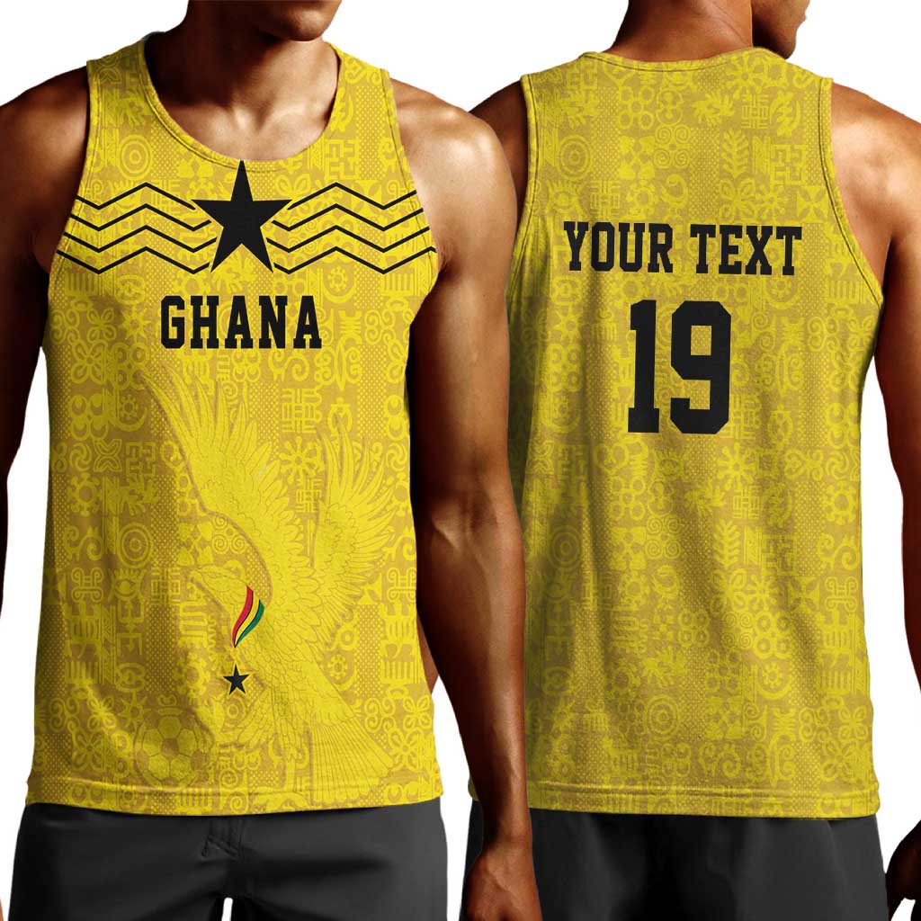 Custom World Football 2026 Ghana Men Tank Top Black Stars Rise with Yellow Adinkra Pattern
