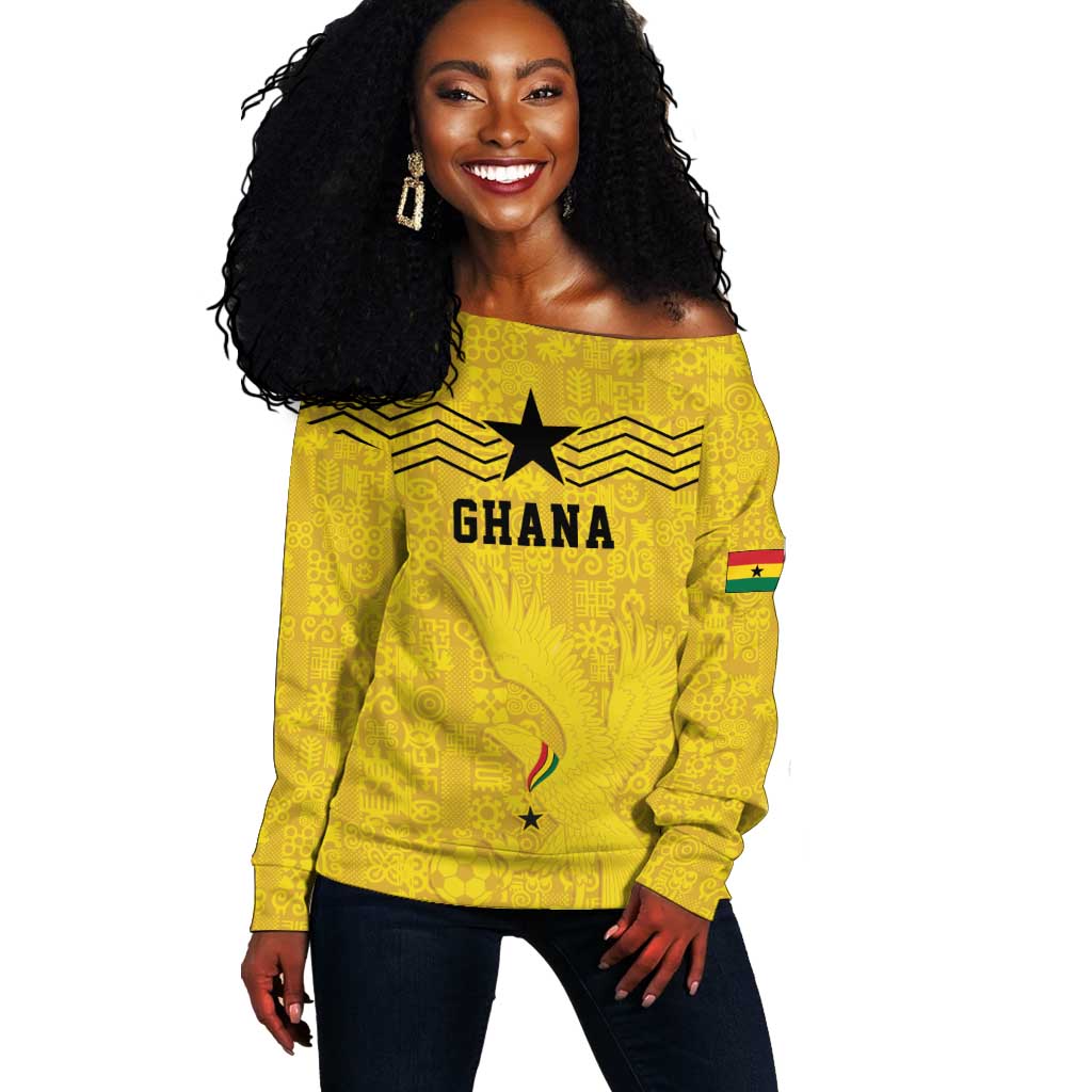 Custom World Football 2026 Ghana Off Shoulder Sweater Black Stars Rise with Yellow Adinkra Pattern