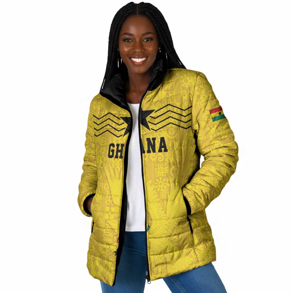 Custom World Football 2026 Ghana Padded Jacket Black Stars Rise with Yellow Adinkra Pattern