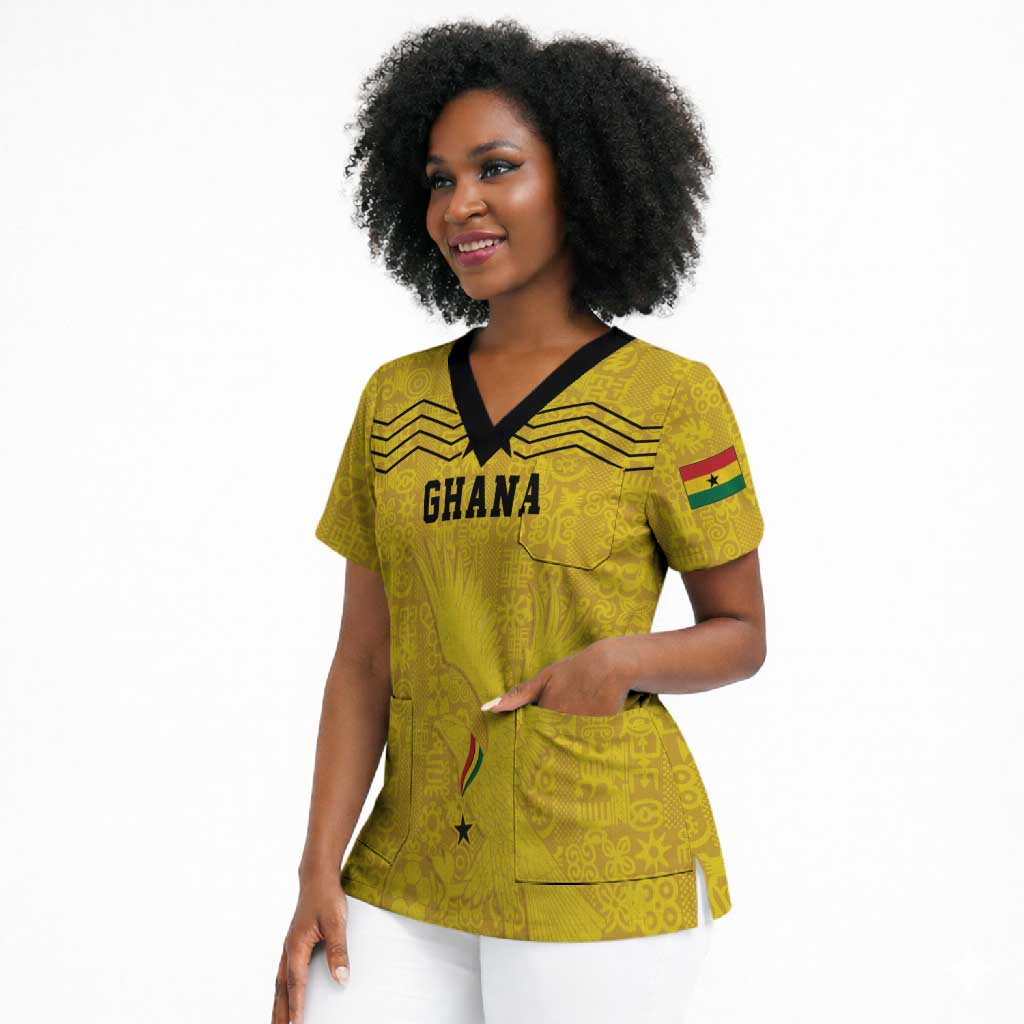 Custom World Football 2026 Ghana Scrub Top Black Stars Rise with Yellow Adinkra Pattern