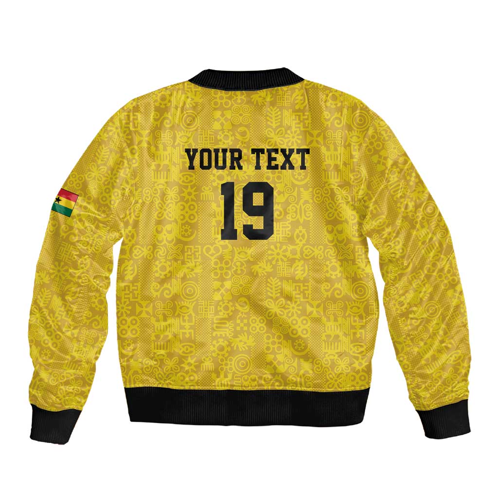 Custom World Football 2026 Ghana Sleeve Zip Bomber Jacket Black Stars Rise with Yellow Adinkra Pattern