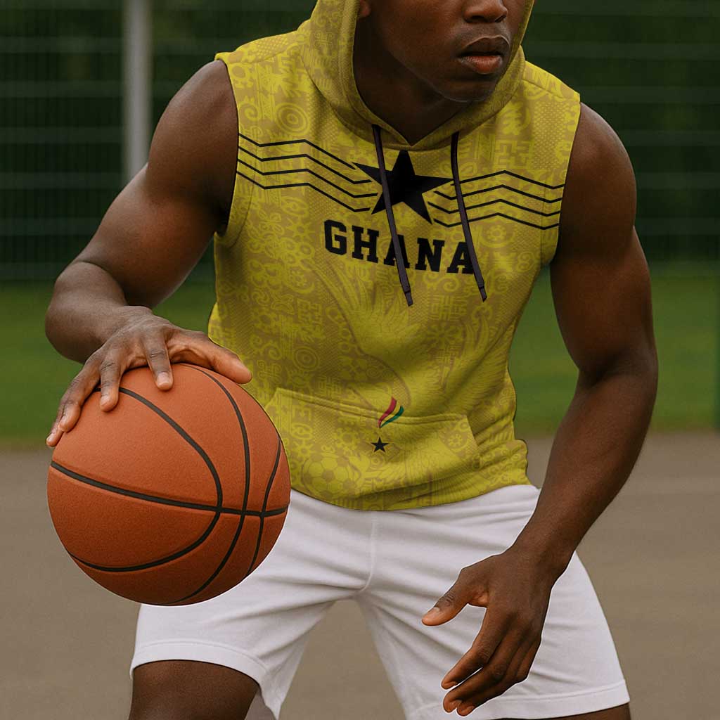 Custom World Football 2026 Ghana Sleeveless Hoodie Black Stars Rise with Yellow Adinkra Pattern