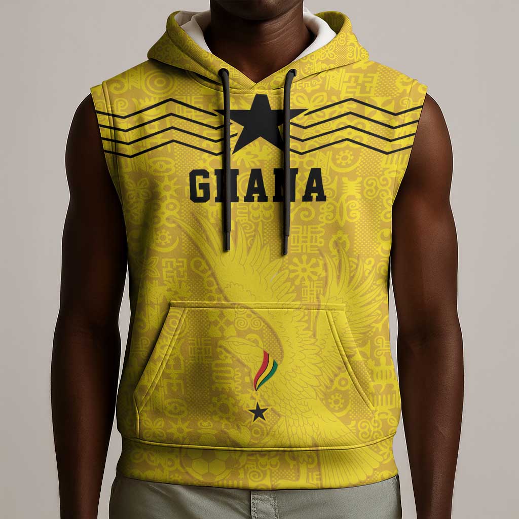 Custom World Football 2026 Ghana Sleeveless Hoodie Black Stars Rise with Yellow Adinkra Pattern