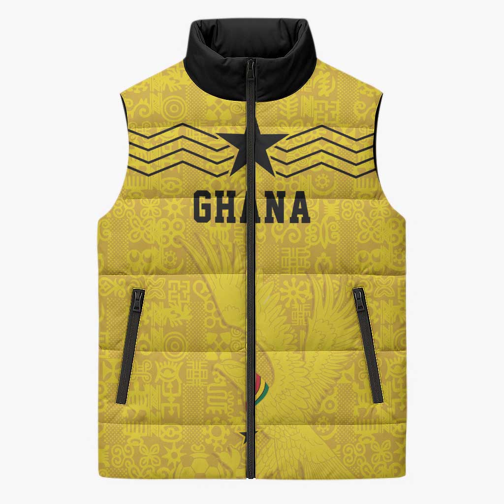 Custom World Football 2026 Ghana Sleeveless Puffer Jacket Black Stars Rise with Yellow Adinkra Pattern