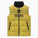 Custom World Football 2026 Ghana Sleeveless Puffer Jacket Black Stars Rise with Yellow Adinkra Pattern