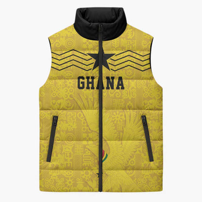 Custom World Football 2026 Ghana Sleeveless Puffer Jacket Black Stars Rise with Yellow Adinkra Pattern